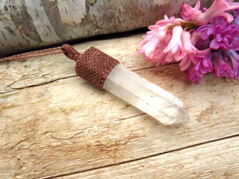 Quartz crystal macrame necklace, gift ideas for her