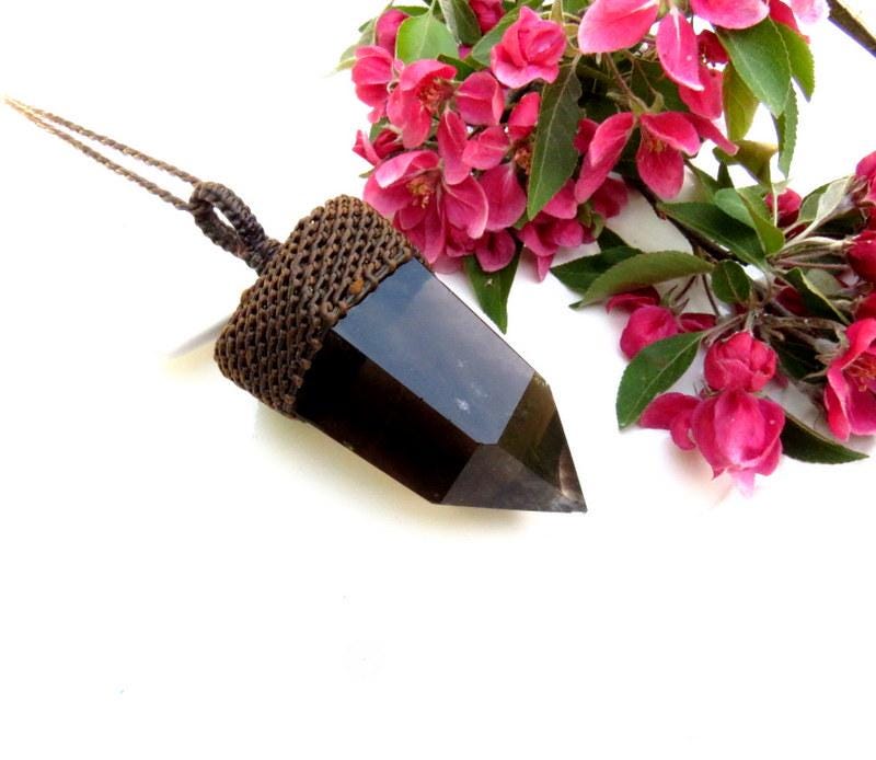 Smokey Quartz crystal point macrame necklace, luxe boho