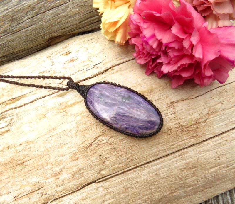 Charoite macrame necklace, gemstone necklace