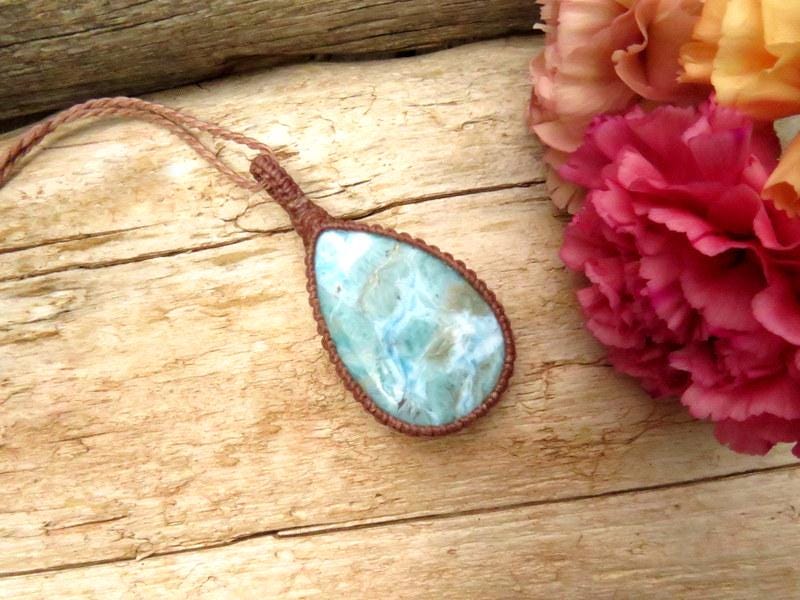Larimar Macrame Pendant Necklace: Caribbean Blue Gemstone, Boho Summer Jewelry