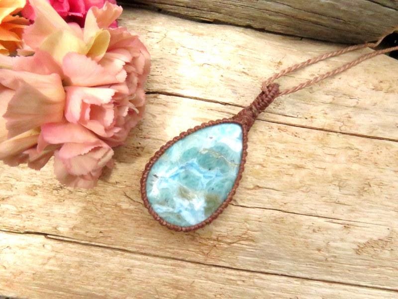 Larimar Macrame Pendant Necklace: Caribbean Blue Gemstone, Boho Summer Jewelry