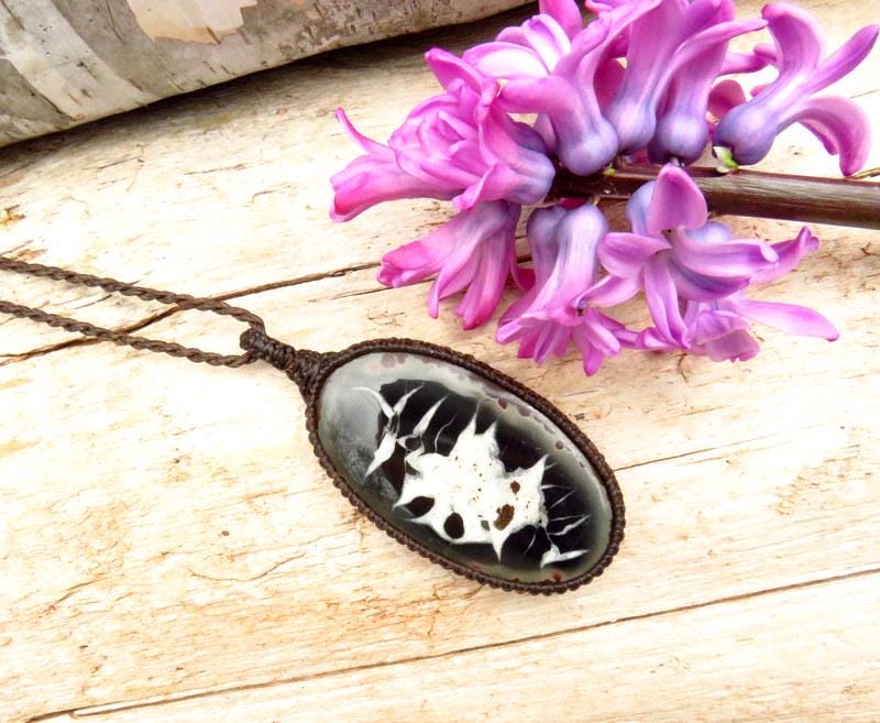Septarian fossil macrame necklace, gemstone neckace
