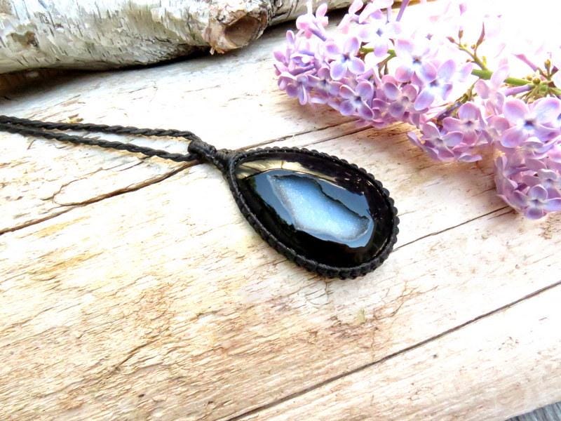 Black Onyx druzy macrame necklace, black crystal necklace