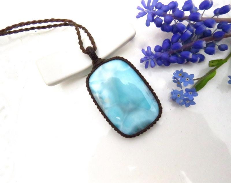 Larimar pendant necklace, macrame necklace
