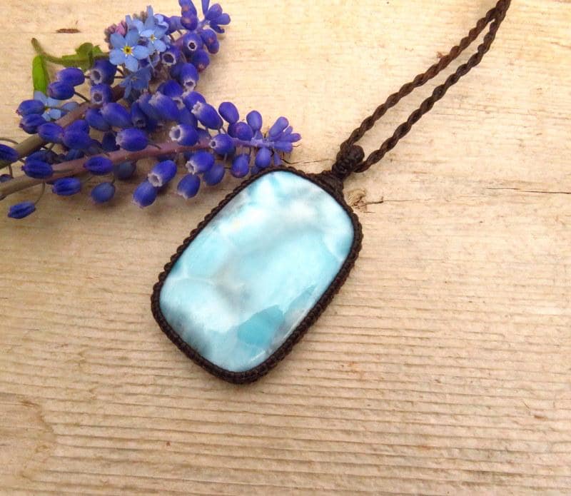 Larimar pendant necklace, macrame necklace