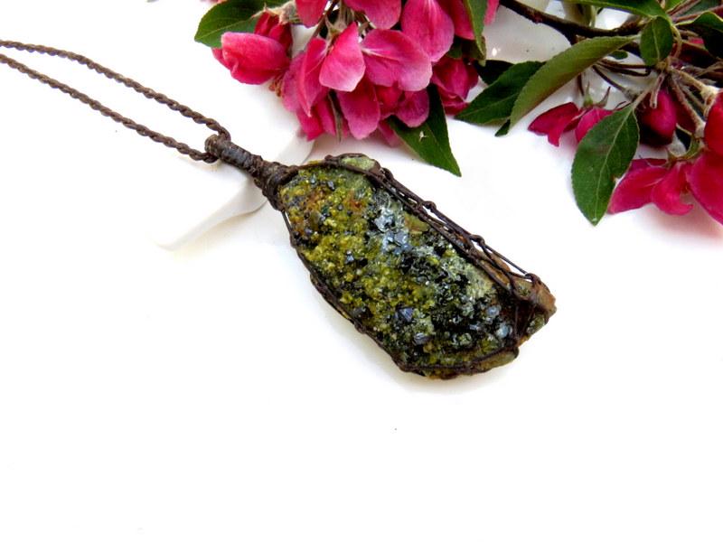 Green Andradite Garnet crystal necklace, macrame necklace