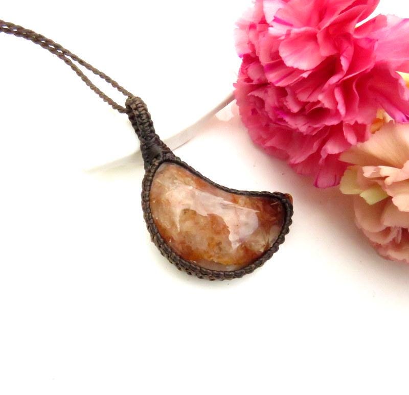 Golden Healer Quartz macrame necklace, gemstone necklace,moon necklace