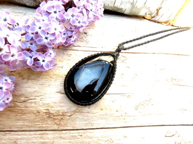 Black Onyx druzy macrame necklace, black crystal necklace