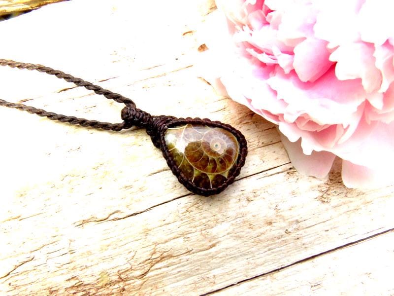 Ammonite macrame necklace, ammonite jewelry
