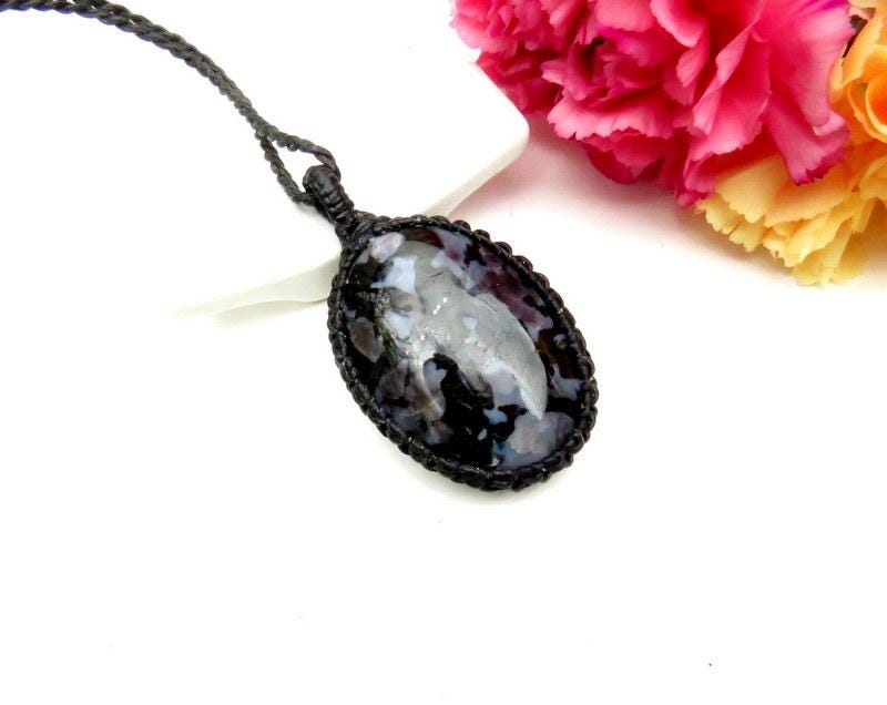 Indigo Gabbro gemstone necklace, Gift for her, Gift for wife, Gift for daughter, Gift for friend, Mystic Merlinite, macrame jewelry, for him