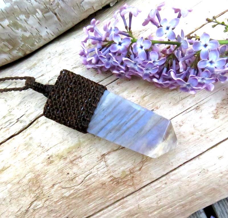Blue Moonstone necklace, belomorite macrame necklace