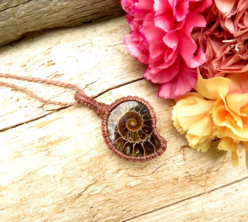 Ammonite Macrame Necklace, Husband gift