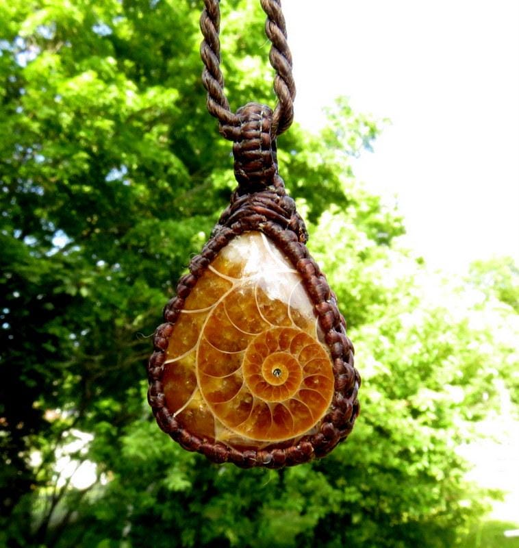 Ammonite macrame necklace, ammonite jewelry
