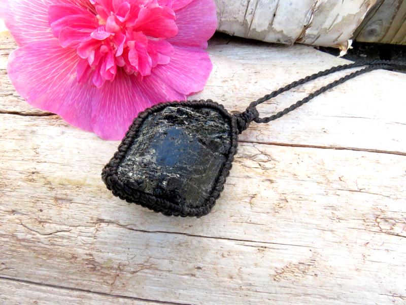 Jet black Tourmaline crystal necklace, macrame necklace