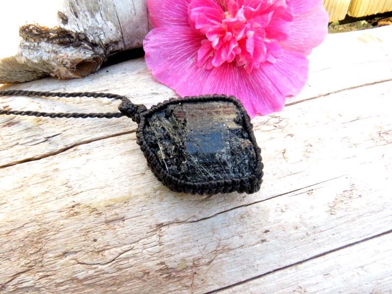 Jet black Tourmaline crystal necklace, macrame necklace