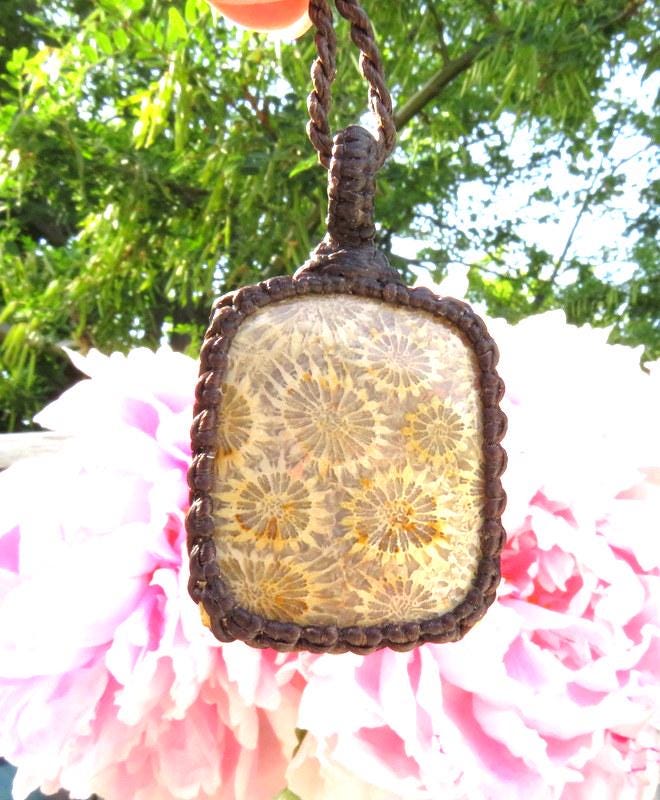 Agatized coral macrame necklace, fossilized coral pendant