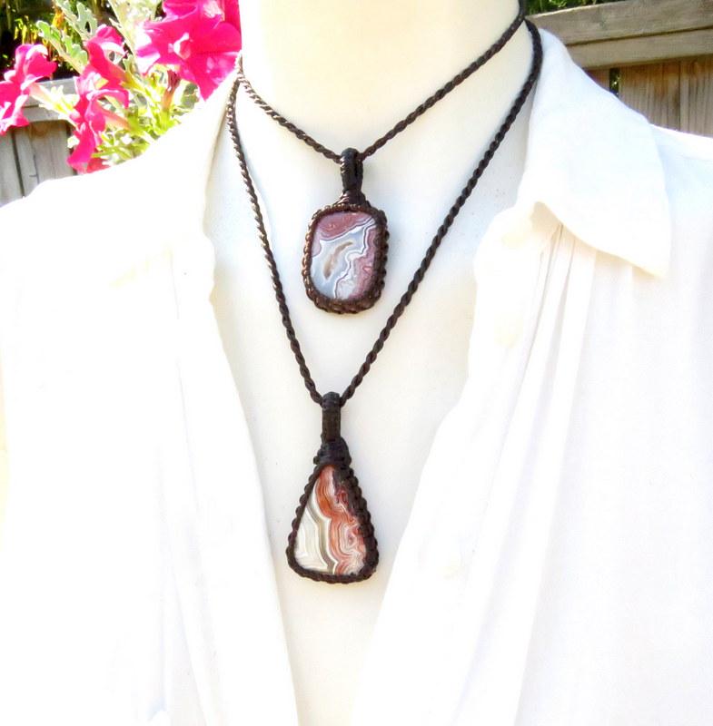 Crazy Lace Agate macrame neckace set, christmas gift ideas