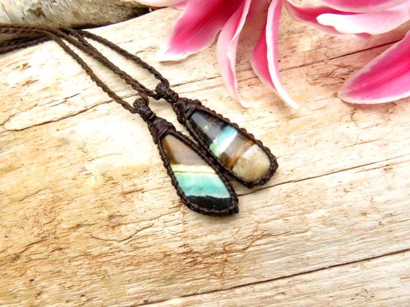 Rare Opalized Petrified Wood necklace set, macrame gemstone necklace