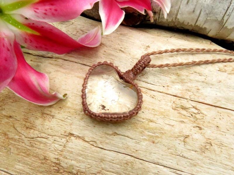 Heart shape Quartz crystal necklace, macrame necklace