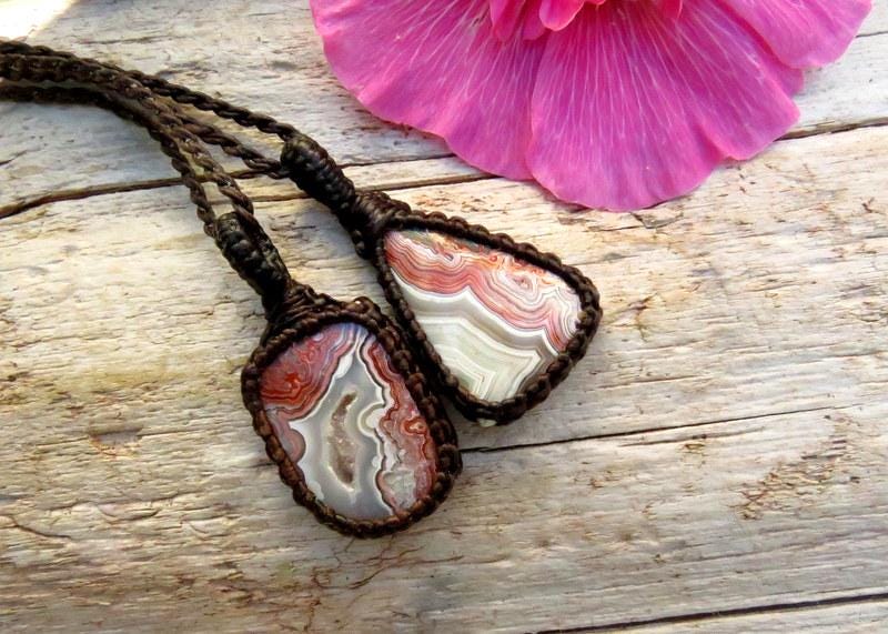 Crazy Lace Agate macrame neckace set, christmas gift ideas