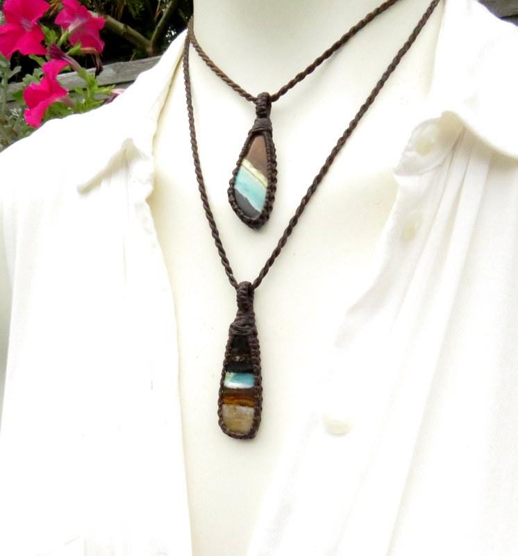 Rare Opalized Petrified Wood necklace set, macrame gemstone necklace