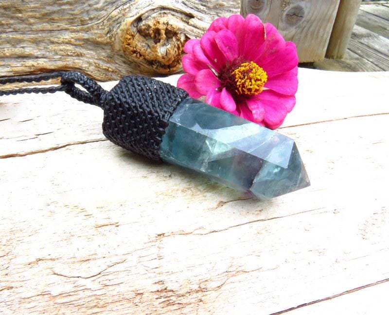 Rainbow Fluorite macrame necklace, Healing stone necklace