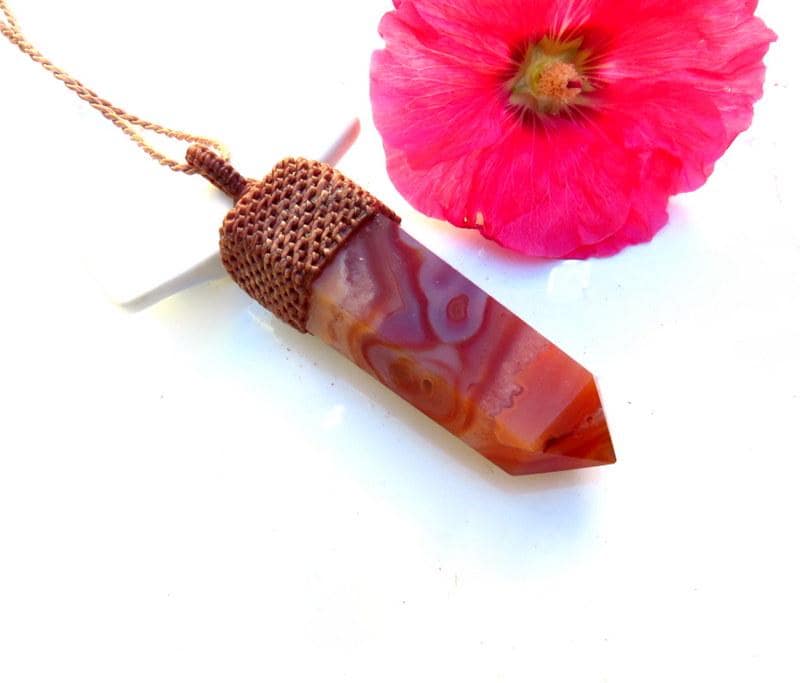 Carnelian crystal point macrame necklace, carnelian pendant