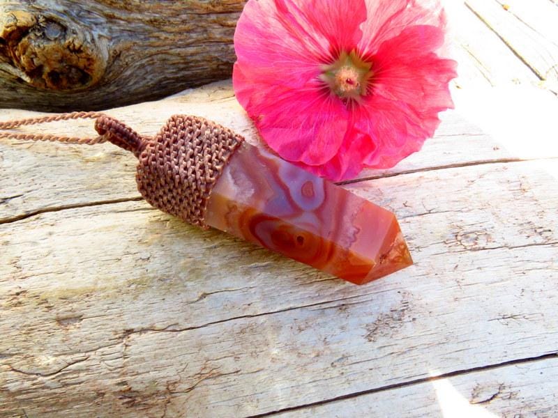 Carnelian crystal point macrame necklace, carnelian pendant