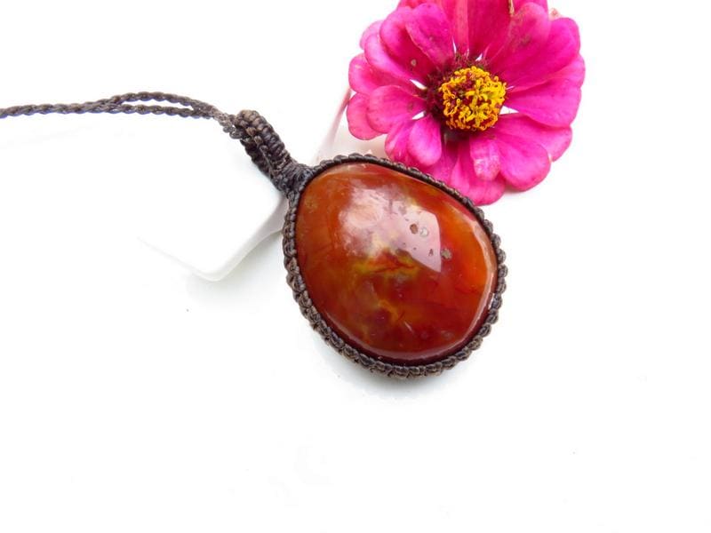 Carnelian Macrame Necklace: Courage & Fertility Crystal Healing