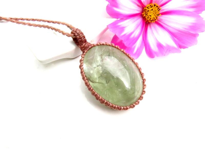 Prasolite crystal necklace, macrame necklace