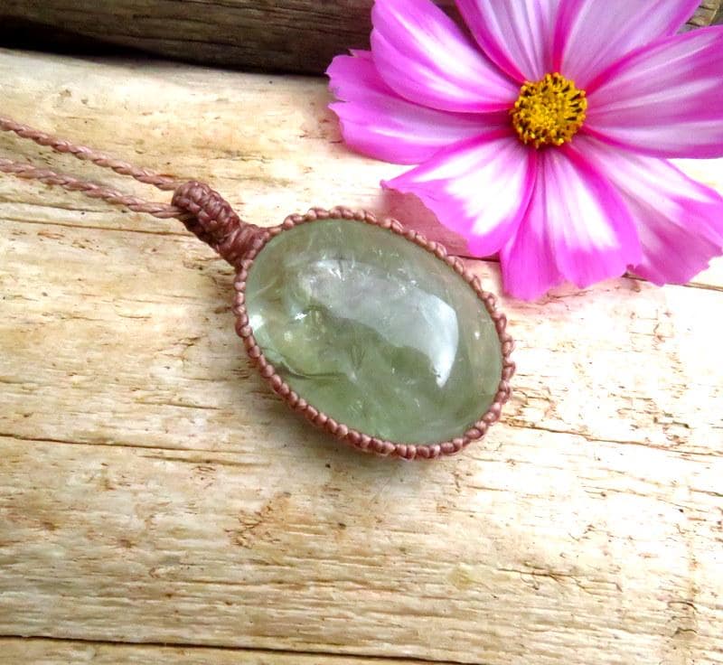 Prasolite crystal necklace, macrame necklace