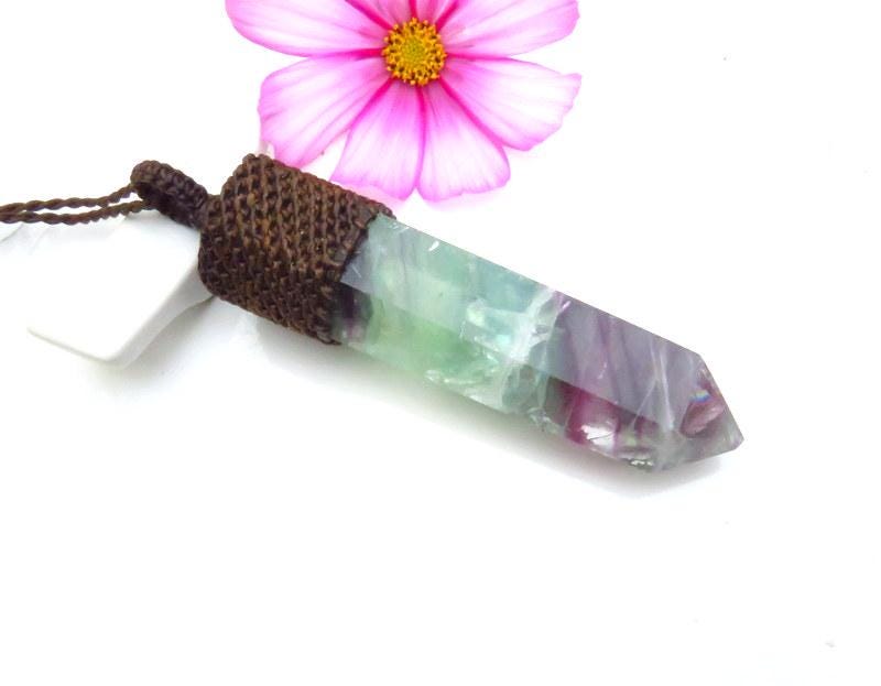 Rainbow Fluorite macrame necklace, green fluorite