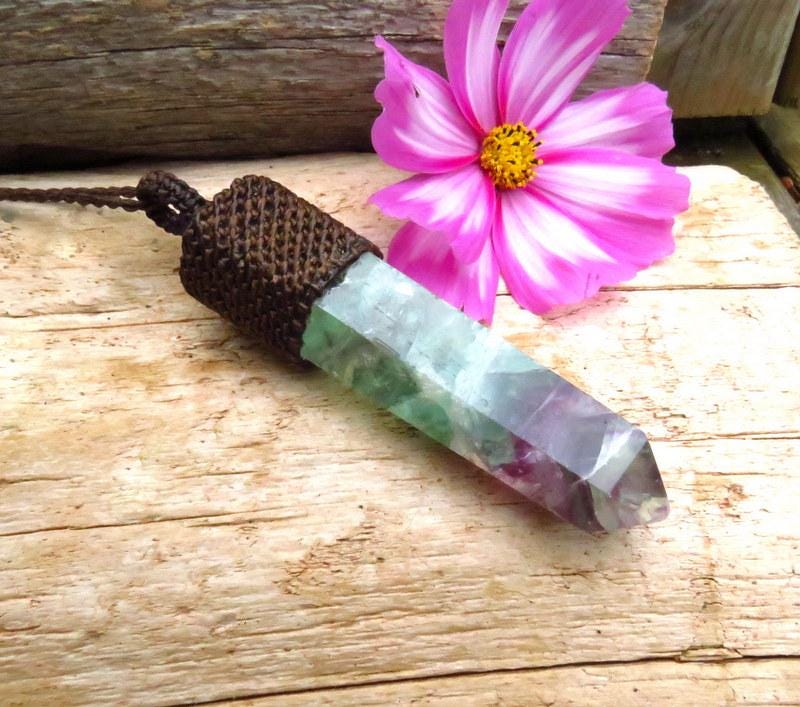 Rainbow Fluorite macrame necklace, green fluorite