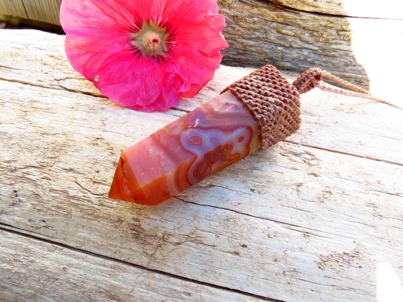 Carnelian crystal point macrame necklace, carnelian pendant