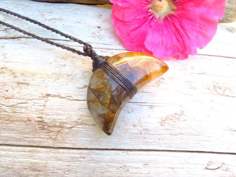 Golden Healer Quartz macrame necklace, gemstone necklace,moon necklace