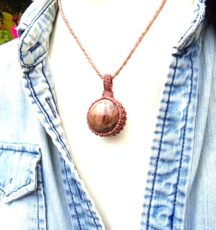 Peach Moonstone sphere necklace, Golden Shine Sunstone macrame necklace