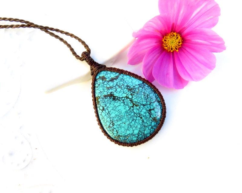 Cloud Mountain Turquoise macrame necklace, Hubei Turquoise jewelry