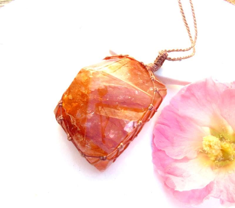 Golden Healer Quartz Macrame Necklace, healing crystal necklace gift