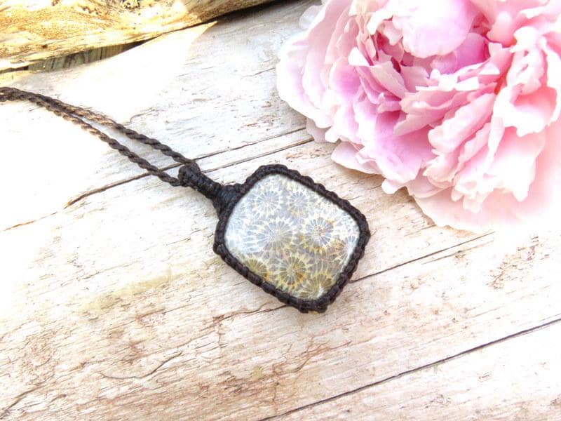 Agatized coral macrame necklace, fossilized coral pendant