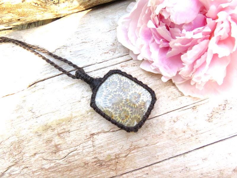 Agatized coral macrame necklace, fossilized coral pendant