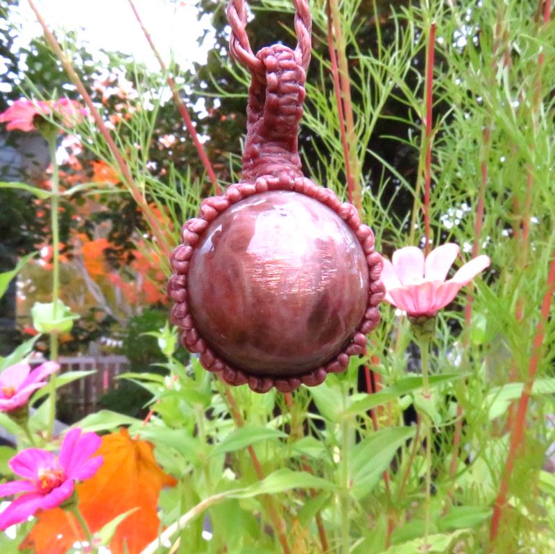 Peach Moonstone sphere necklace, Golden Shine Sunstone macrame necklace