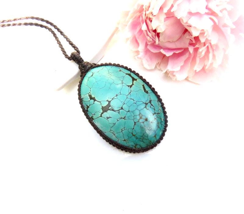 Cloud Mountain Turquoise macrame necklace, turquoise statement pendant, gift ideas for the boho beauty