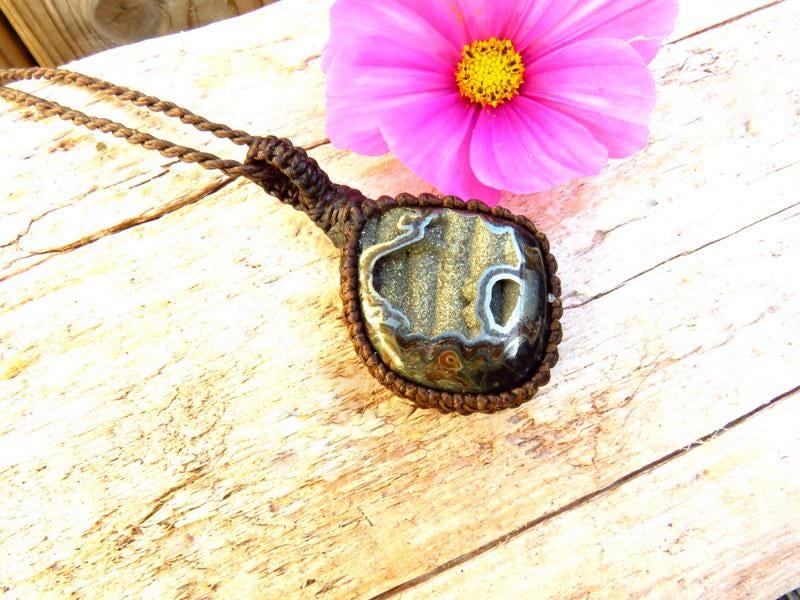 Rare Pyritized Ammonite macrame necklace, pyrite jewelry, guy gifts, rock collector