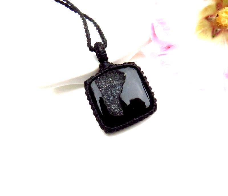 Black Onyx Druzy gemstone necklace, christmas gift ideas for her, macrame necklace