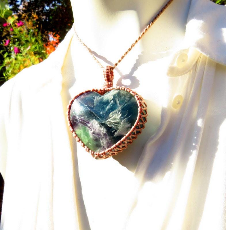 Rainbow Fluorite crystal necklace, fluorite macrame necklace