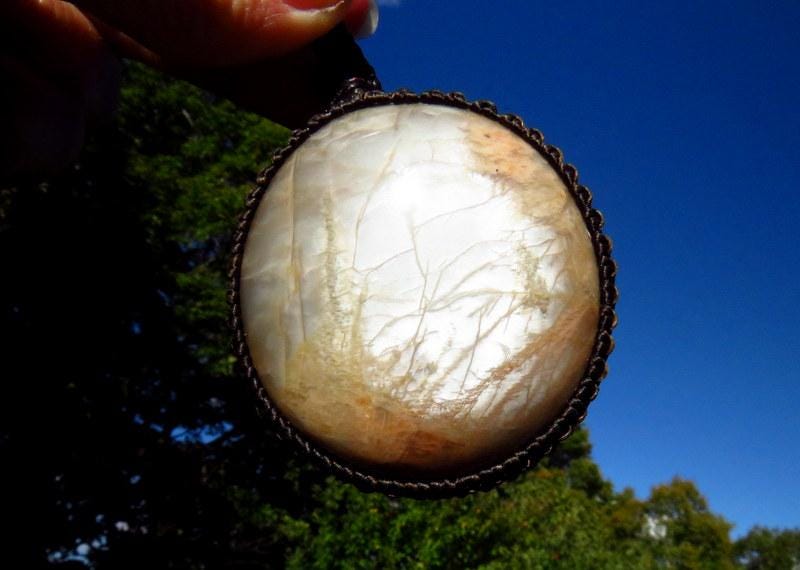 Peach Gray Moonstone gemtsone necklace, flashy moonstone pendant, statement necklace, macrame necklace, gift ideas for the crystal collector