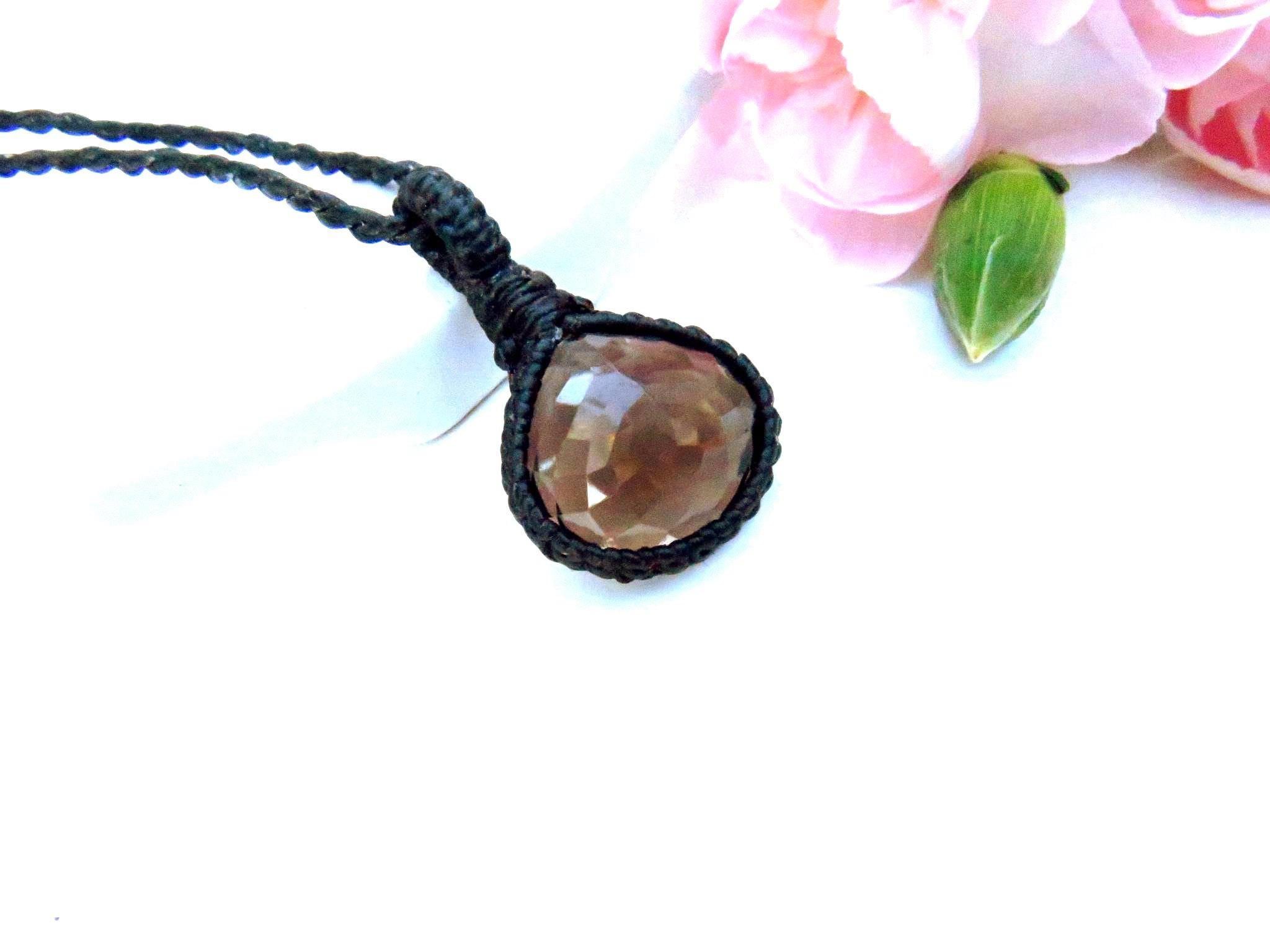 Faceted Smokey Quartz Necklace, Crystal jewelry gift, Birthstone necklace, macrame pendant