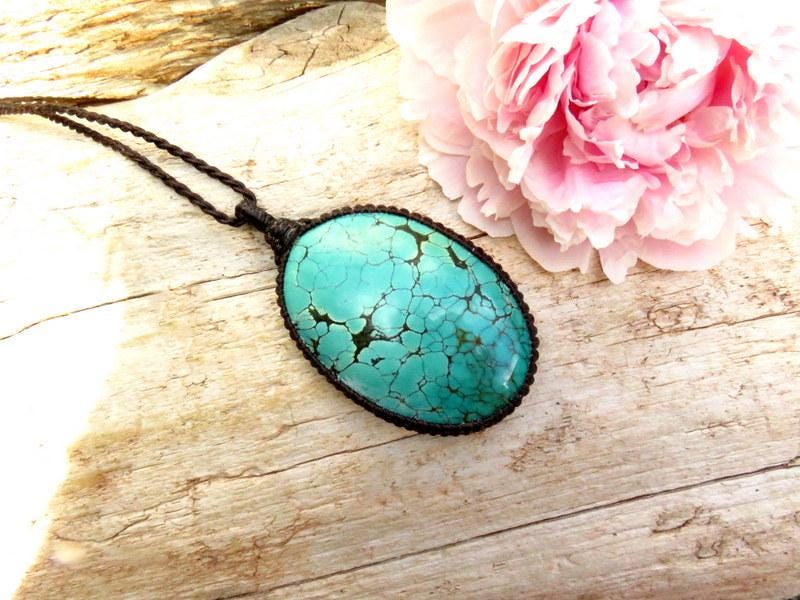 Cloud Mountain Turquoise macrame necklace, turquoise statement pendant, gift ideas for the boho beauty