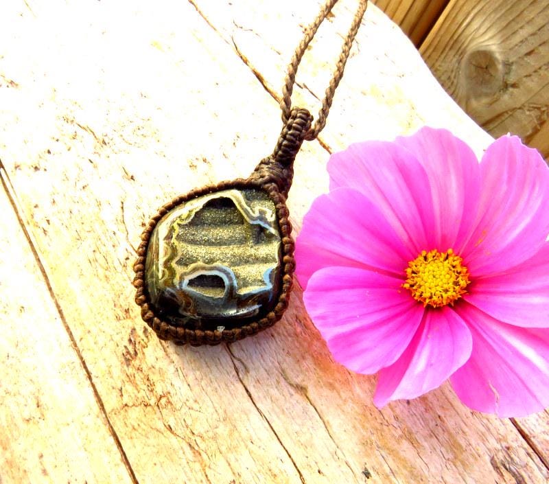 Rare Pyritized Ammonite macrame necklace, pyrite jewelry, guy gifts, rock collector