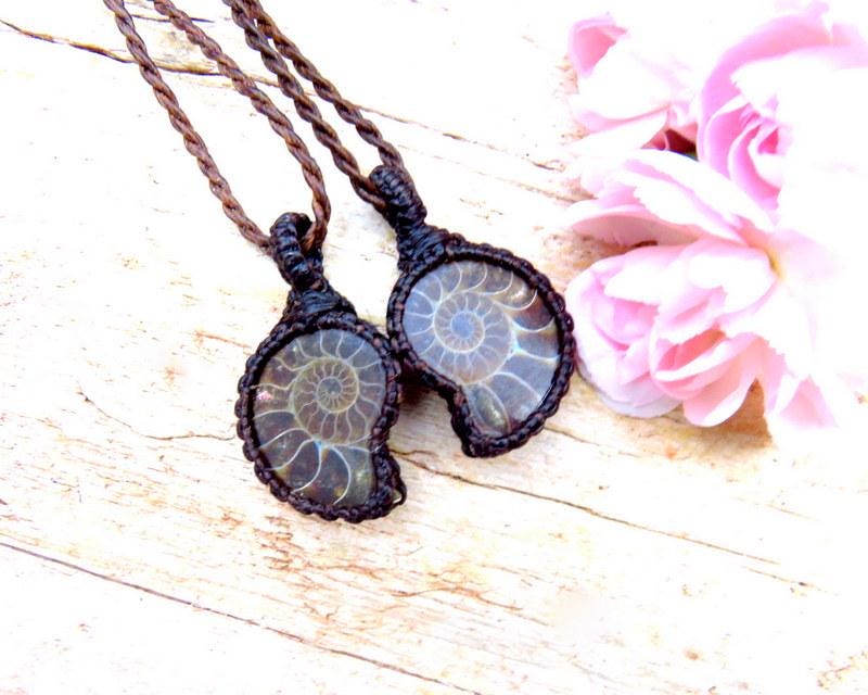 Ammonite necklace set, fossil pendant